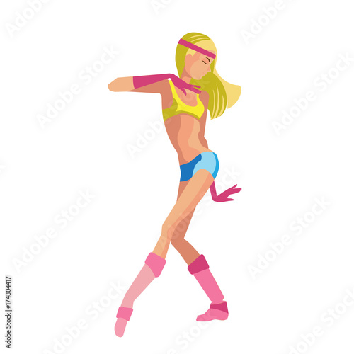 Dancing girl, makes vigorous movements, connecting movements hands and feet.
