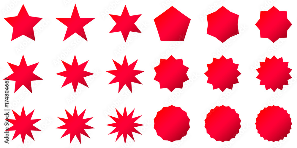 Collection of trendy retro stars shapes. Sunburst design elements set. Bursting rays clip art. Red sparkles. - obrazy, fototapety, plakaty 
