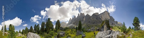 360 panorama of the Geisler mountains as seen from the north, Puez-Geisler National Park, Wolkenstein, Alto Adige, Italy, Europe