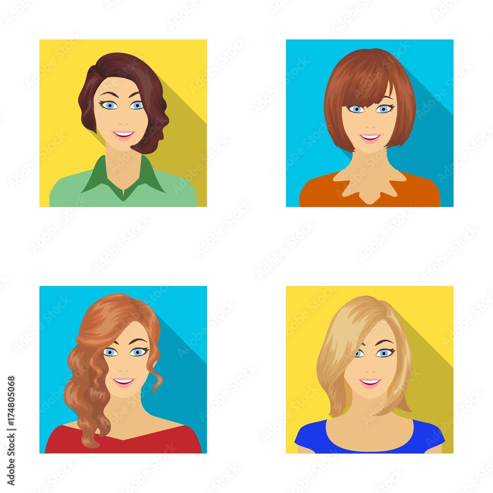 Plakat The appearance of a woman with a hairdo, the face of a girl. Face and appearance set collection icons in flat style vector symbol stock illustration web.