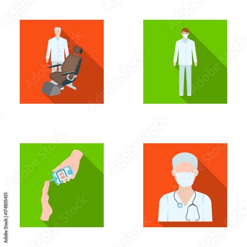 Doctor in a face mask, dentist, medical staff, a blood test for sugar. Medicineset collection icons in flat style vector symbol stock illustration web.