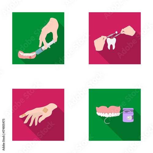 Anesthetic injection, dental instrument, hand manipulation, tooth cleaning and other web icon in flat style.bactericidal plaster, medicine icons in set collection.