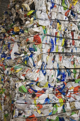 Bales of recyclable plastic containers at a sorting centre, Quebec, Canada, North America