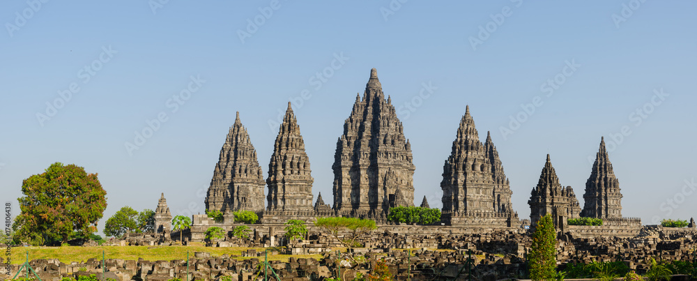 Fototapeta premium Prambanan panoramic view of ancient archaeological site with Hindu temple and stupas, Yogyakarta, Indonesia