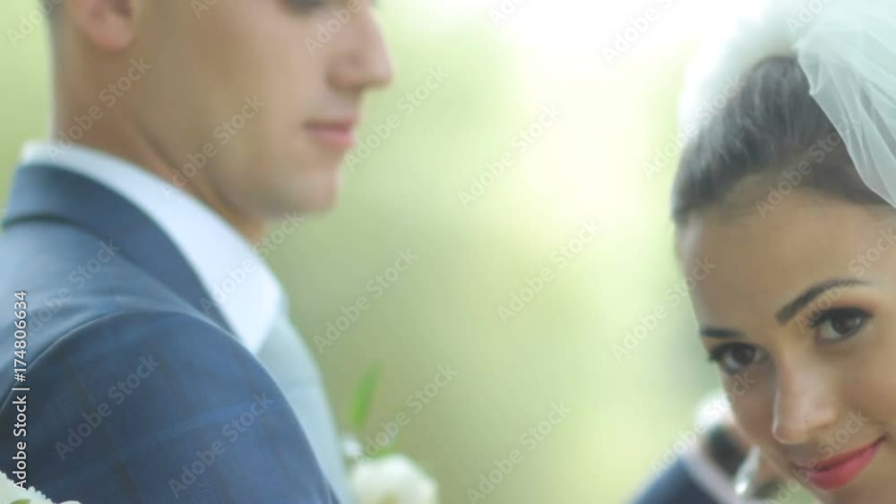 gentle hugs of the newlyweds. young couple in love . beautiful newlyweds gently embrace. tenderness love. groom corrects the bride's veil.