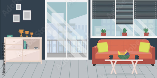 Modern living room interior with furniture, big window and sliding glass door to balcony  with cityscape view in flat style. Vector illustration.