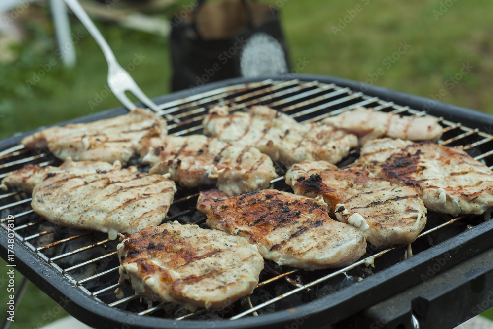 meat on grill, hot barbecue in the garden meat on grill, hot barbecue in the garden