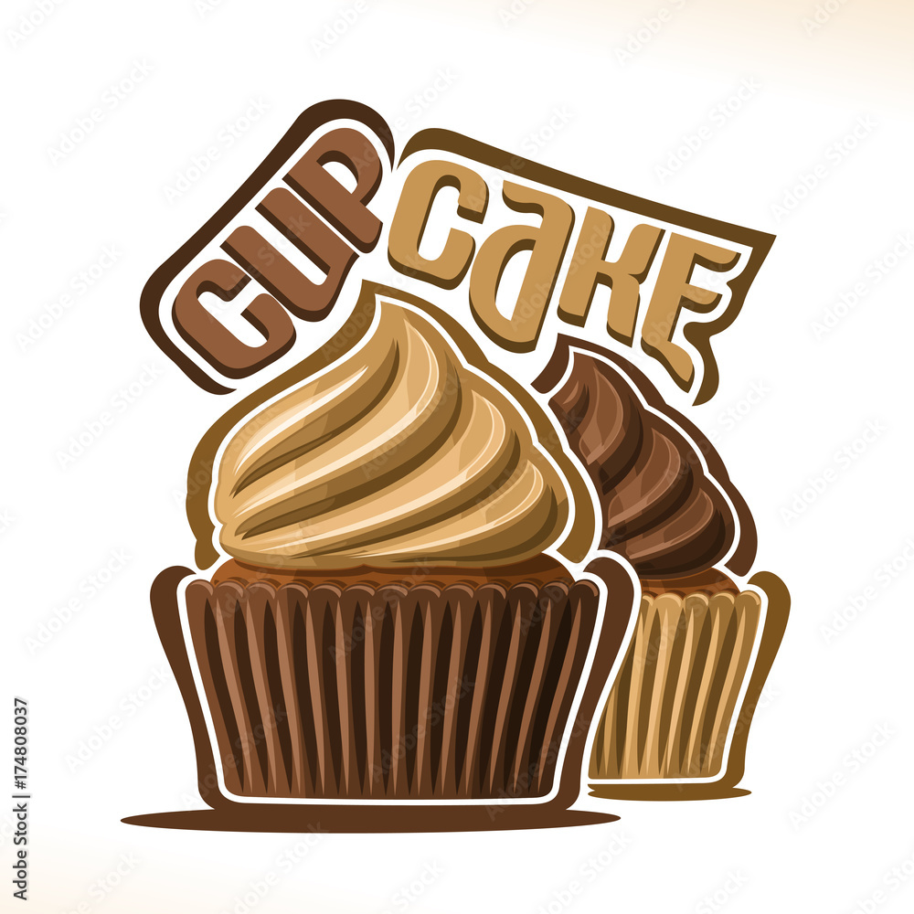 Φωτογραφία Vector logo for chocolate Cupcake, original font for text - cupcake, 2 mini cakes in brown case decorated frosting coffee buttercream, choco cupcakes for wedding or birthday with swirl whipped cream