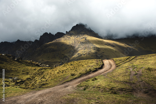 A beautiful morning landscape of a road in the gorge in the Caucasus photo