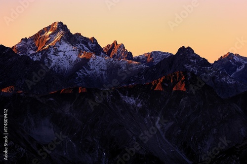 Alpine peaks at sunrise, Namlos, Lechtal, Reutte, Tyrol, Austria, Europe