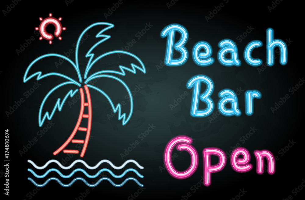 Neon light with word beach bar open