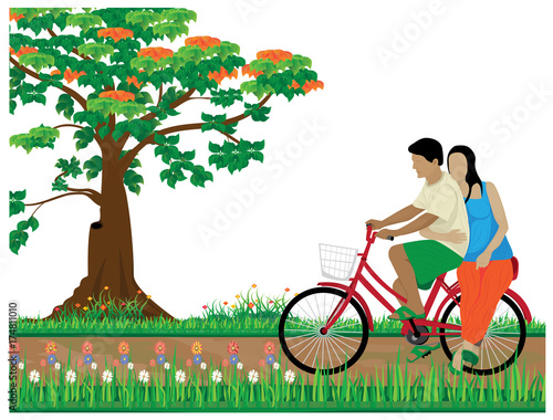 one man and lady on bicycle at park in city vector design