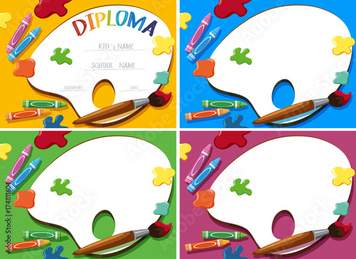Diploma and card template with crayons and paintbrush