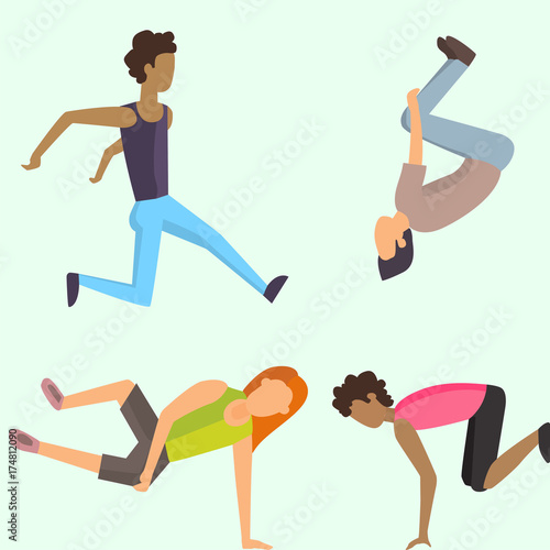 Fitness sport parkour people concept young person jumping extreme running danger gymnastics exercising vector illustration