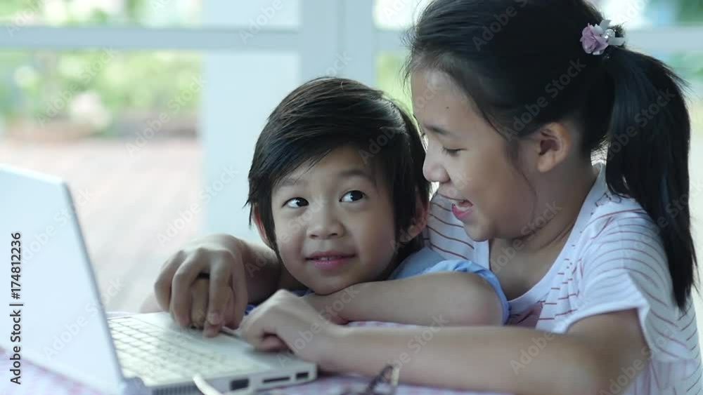 Cute Asian children using tablet together slow motion 2 Cute Asian children using tablet together slow motion 2