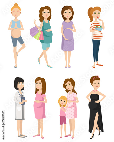 Pregnancy motherhood people expectation concept happy pregnant woman character life with big belly vector illustration