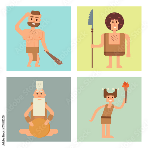 Caveman primitive stone age cards cartoon neanderthal people character evolution vector illustration.