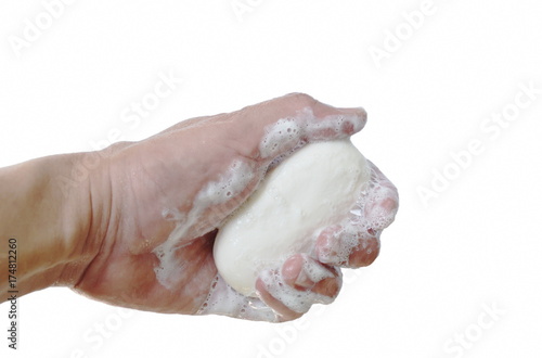 soap and bubble on handful in white background
