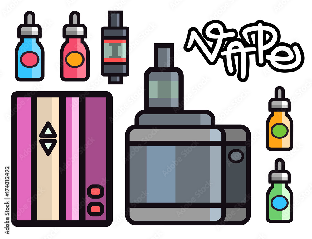 Vape device vector set cigarette vaporizer vapor juice bottle flavor illustration battery coil. Vape device vector set cigarette vaporizer vapor juice bottle flavor illustration battery coil.