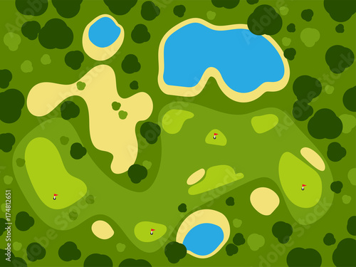 Golf field course green grass sport landscape play club game golfing hole outdoor background vector illustration.