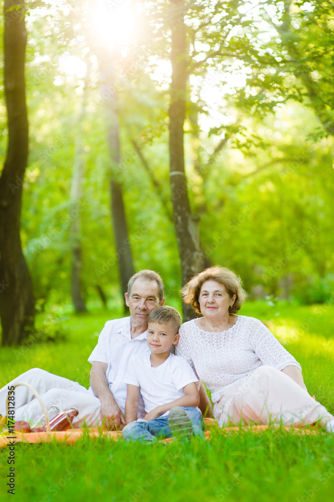 Portrait of an elderly couple with her grandson on a picnic outdoors Portrait of an elderly couple with her grandson on a picnic outdoors