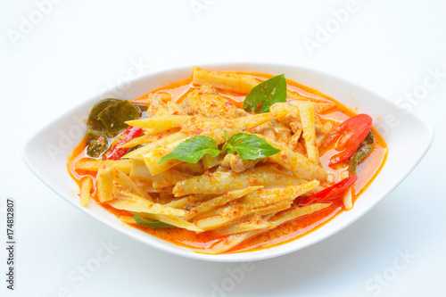 spicy bamboo shoot with chicken in coconut cream and red curry
