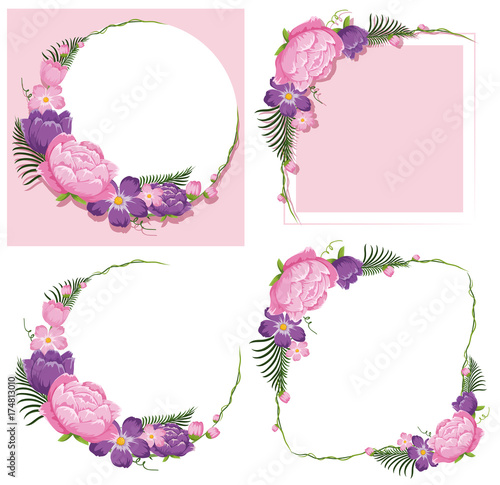 Four frame designs with pink and purple flowers