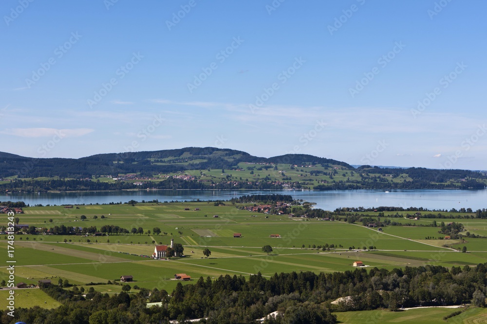 View from mount Tegelberg to Forggensee Lake and Illasbergsee Lake, Upper Bavaria, Bavaria, Germany, Europe