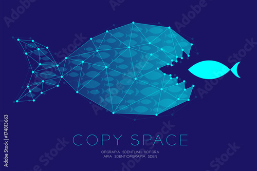 Network Marketing Online set Teamwork from shoal or school of small fish eat Big Fish concept idea illustration isolated on dark blue background, with copy space