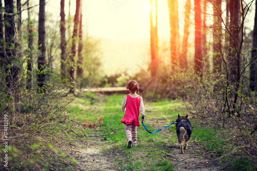 Little girl with dog walking on the road in the forest back to the camera.