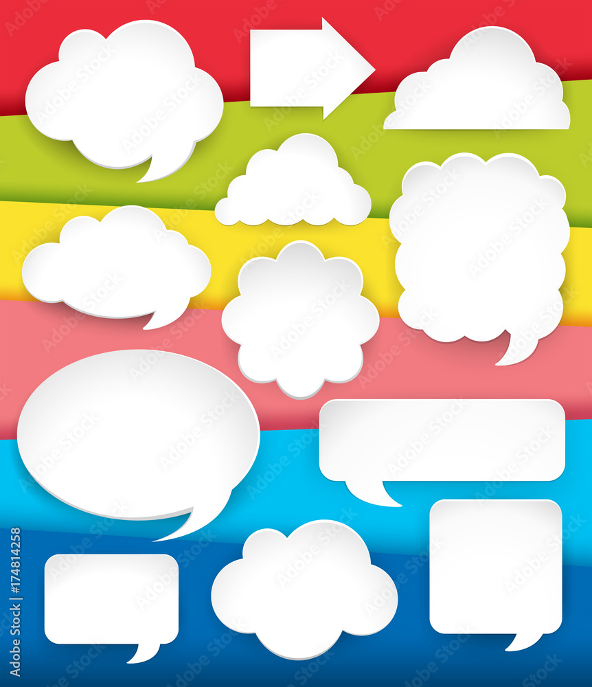 Different design for speech bubbles on rainbow background