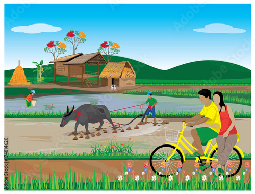 one man and lady on bicycle at countryside vector design