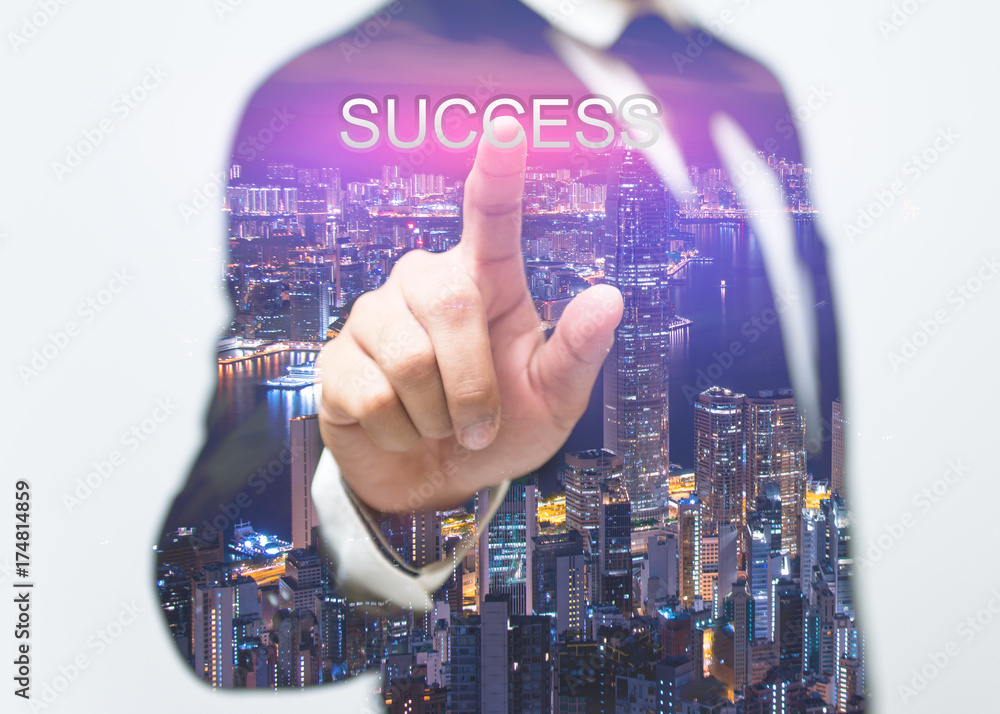 Double exposure of Business man are showing finger to success concept / soft focus picture Double exposure of Business man are showing finger to success concept / soft focus picture