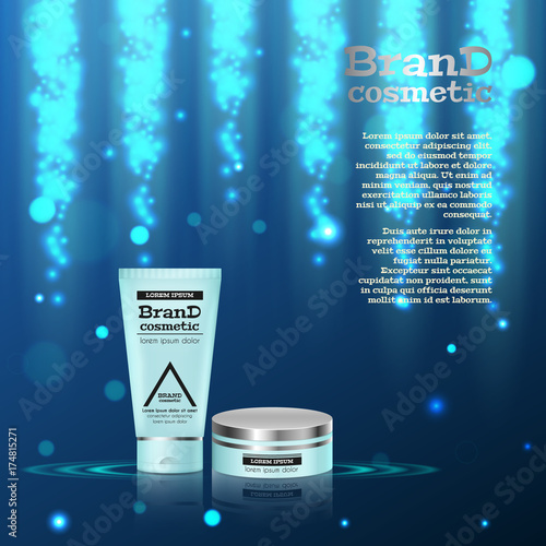 3D realistic cosmetic bottle ads template. Cosmetic brand advertising concept design with glitters and bokeh background