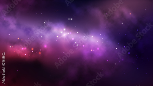 Space background with colorful nebula and bright stars.