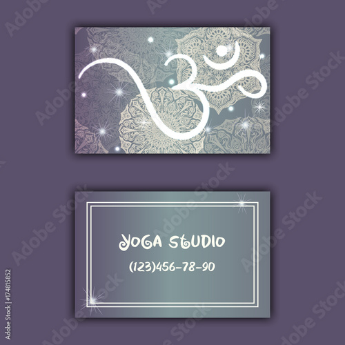 Business card for yoga studio or yoga instructor. Ethnic background with mandala ornament and ohm