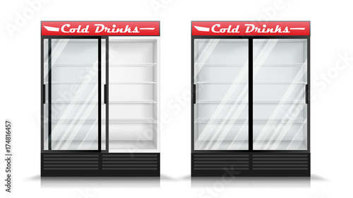 Refrigerator Realistic Vector. Modern vertical Fridge. Front Panel. Two Glass Sliding Doors. Isolated Illustration