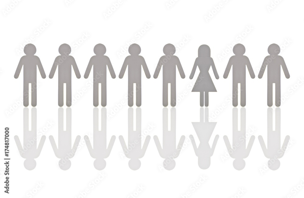 Row of male pictogram figures, with a single female figure, symbolic image for women's quota Row of male pictogram figures, with a single female figure, symbolic image for women's quota
