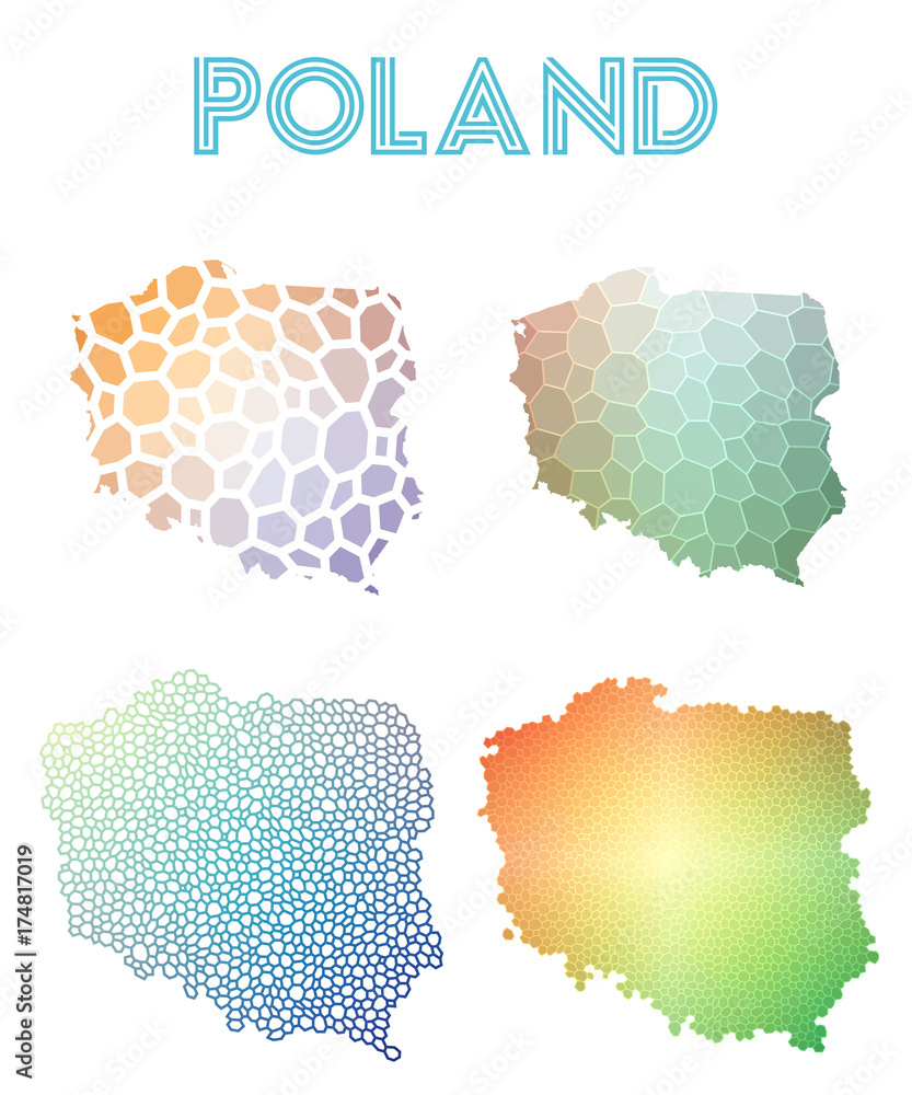 Naklejka premium Poland polygonal map. Mosaic style maps collection. Bright abstract tessellation, geometric, low poly, modern design. Poland polygonal maps for infographics or presentation.