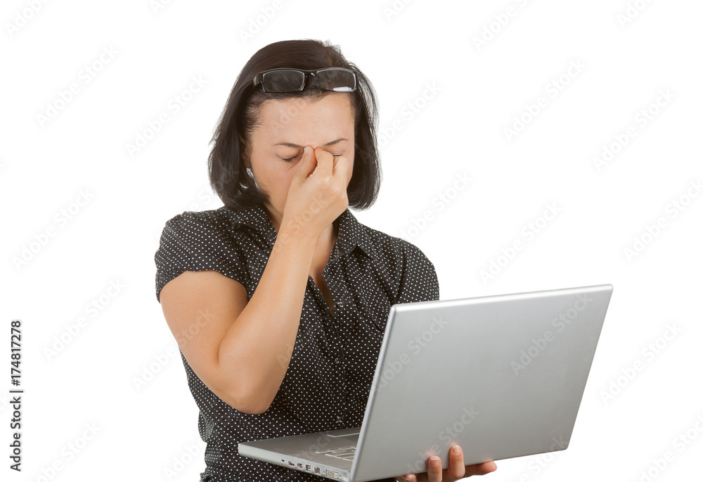 Tired Business Woman in Glasses Working on Laptop Tired Business Woman in Glasses Working on Laptop
