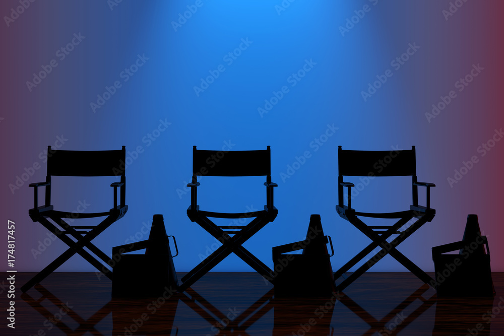 Fototapeta premium Director Chairs, Movie Clappers and Megaphones with Blue Backlight in front of Wall. 3d Rendering