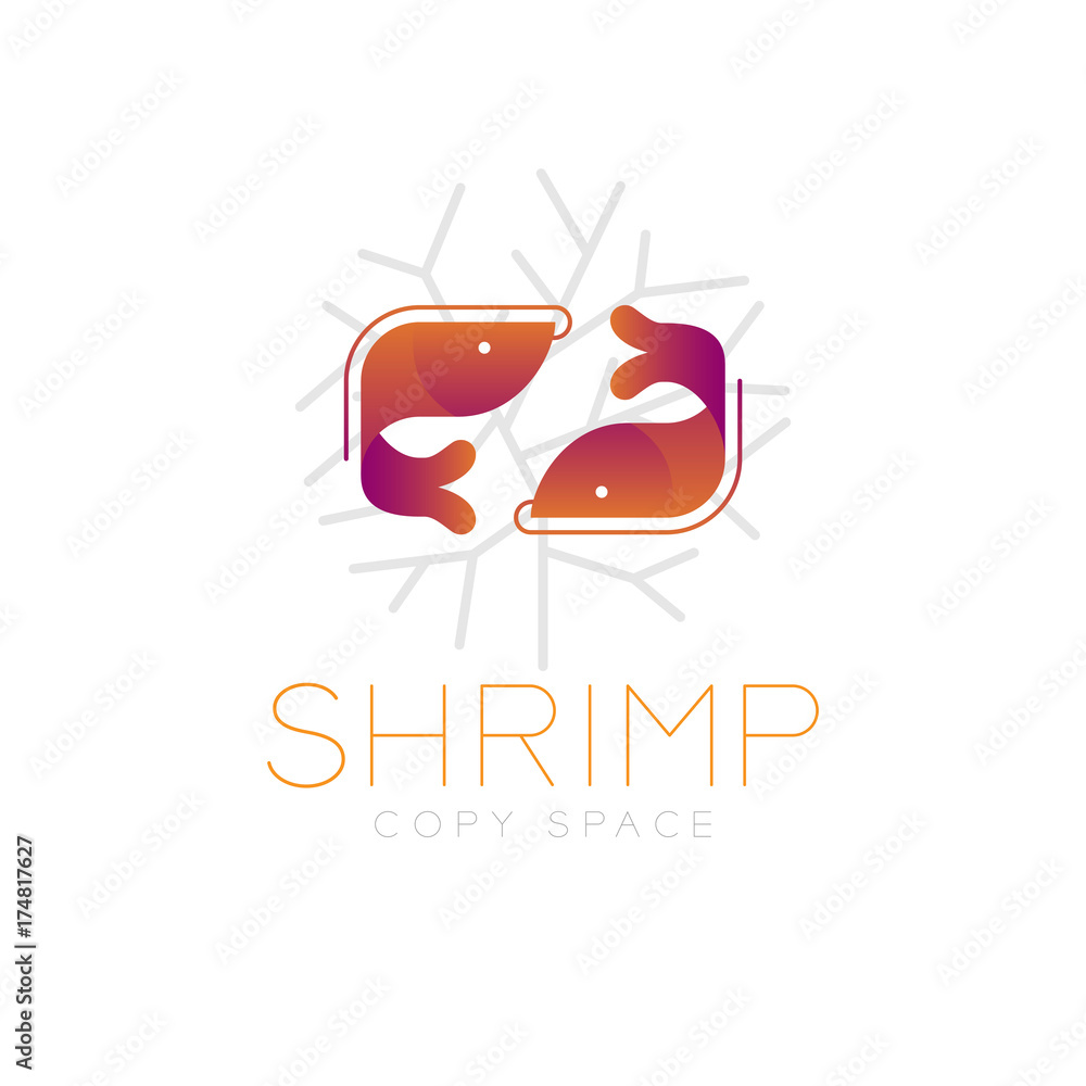 Two Shrimp symbol icon and coral set orange violet gradient color design illustration isolated on white background with Shrimp text and copy space, vector eps10