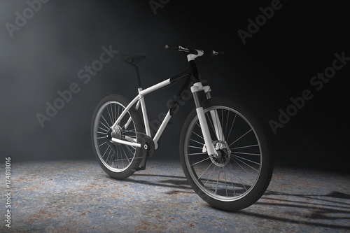 Black and White Mountain Bike in the Volumetric Light. 3d Rendering