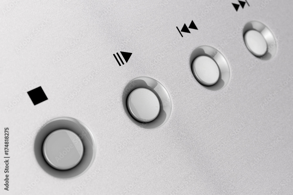 CD or DVD Metal Control Knobs on Aluminum Panel. 3d Rendering CD or DVD Metal Control Knobs on Aluminum Panel. 3d Rendering