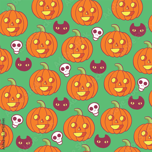 Fototapeta Naklejka Na Ścianę i Meble -  halloween pattern woth skulls, pumpkins and black cats.