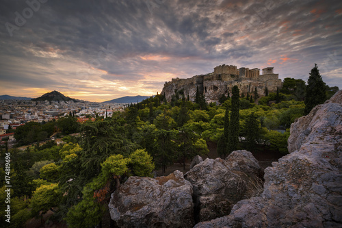 Acropolis as seen from Areopagus hill early in the morning. 
