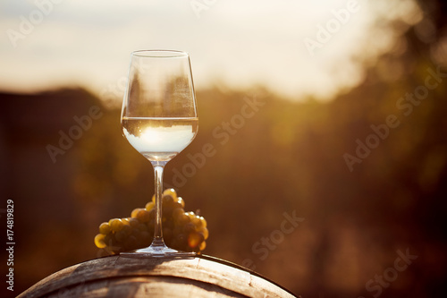Glass of white wine with grape at sunset