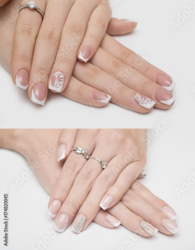 Very beautiful white metallic nails closeup gel  acrylic