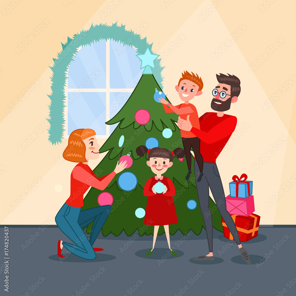 Naklejka premium Happy Family Decorating Christmas Fir Tree. Father, Mother, Son and Daughter Celebrating New Year. Vector illustration