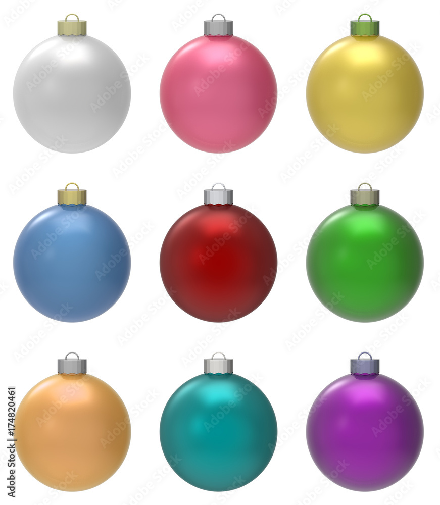 3d rendering. Set of colorful christmas balls isolated on white background with clipping path 3d rendering. Set of colorful christmas balls isolated on white background with clipping path